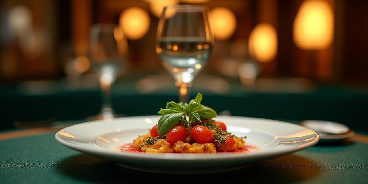 Un piatto gourmet elegante servito in un ambiente Art Deco
